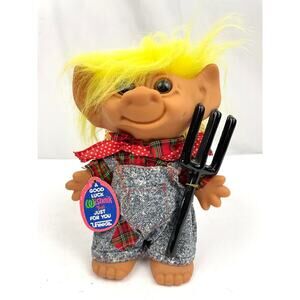 VTG Uneeda Wishnik Farmer Troll Doll Straw Hat Pitchfork 8" Horseshoe Feet 1990s